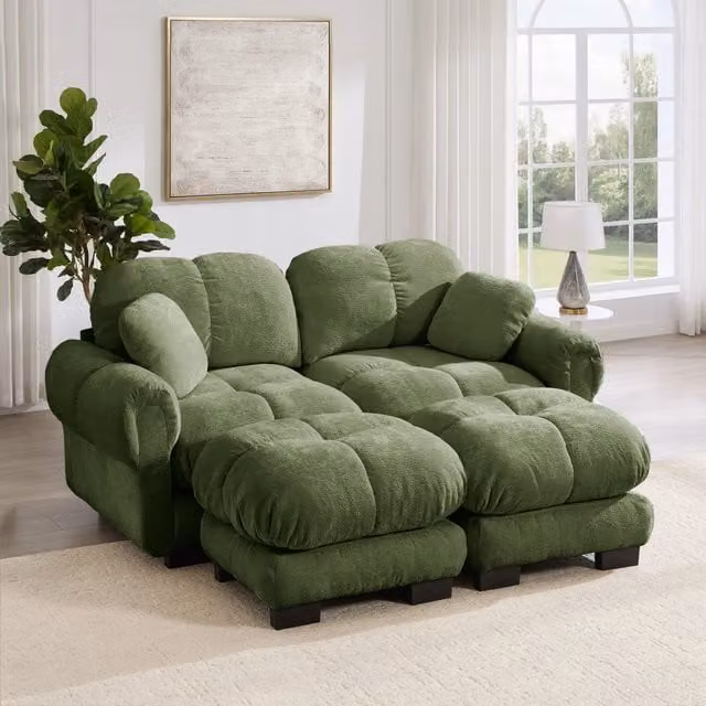 Divano modulare 190x149x90 cm con pouf mobili e configurazione a U o a L in ciniglia verde