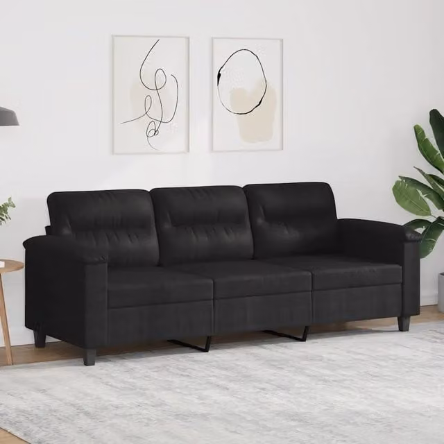 Divano a 3 Posti-Sofa 3 Posti Nero 180 cm in Tessuto Microfibra