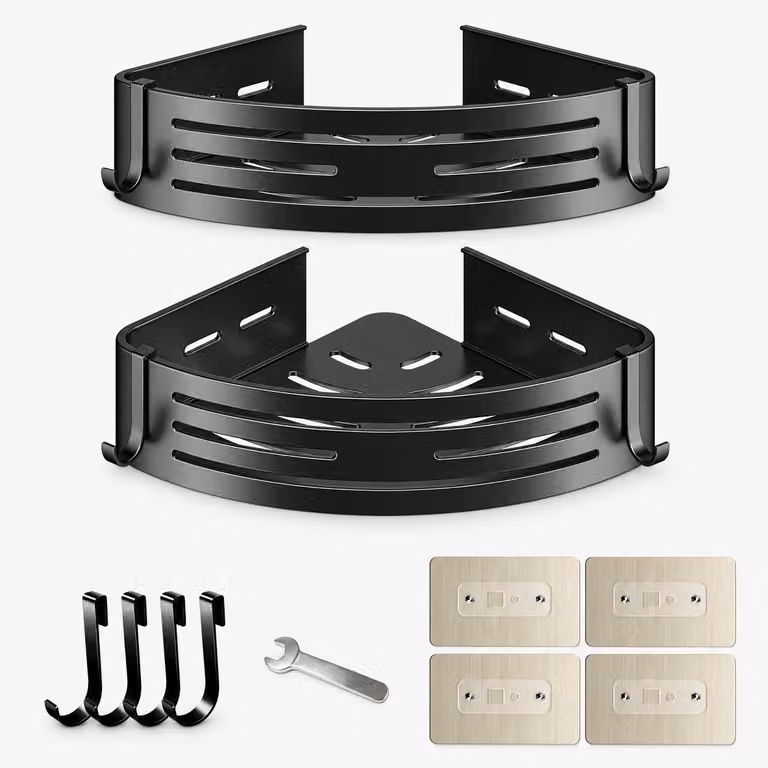 Mensola angolare autoadesiva per doccia, 2 pezzi, 30,5 cm, mensole da bagno in alluminio senza foratura, organizer da parete con 4 ganci, colore nero