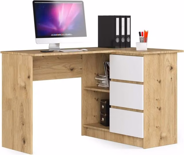 Scrivania angolare AKORD B16 Quercia Artisan 124 cm 3 cassetti inserto frontale Bianco 124x85x77 cm Modello a destra