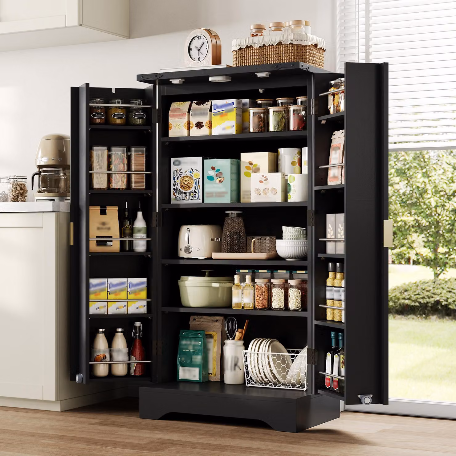 MODFU Armadio alto Armadio da cucina Spazio di archiviazione miracoloso Porte scanalate Design a doppia porta Luce LED con sensore Cucina Nero