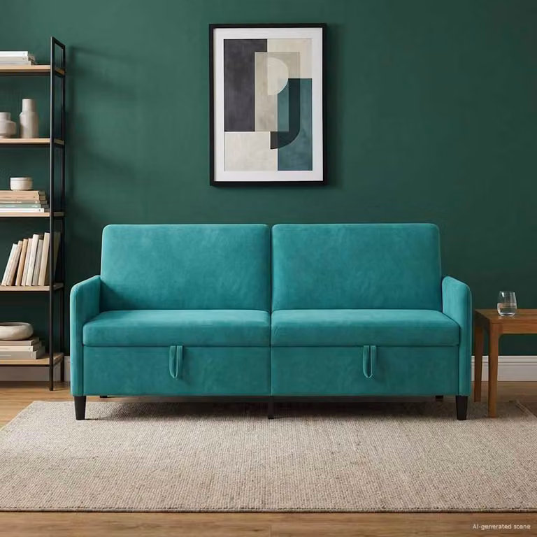Divano moderno vidaXL con contenitore apribile, rivestimento in tessuto turchese e nero, L: 192 cm, P: 78 cm, H: 87 cm