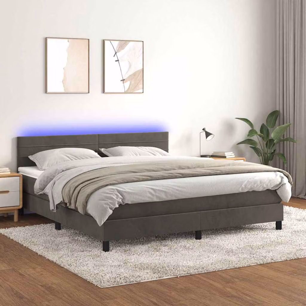 vidaXL Letto Ibrido con Materasso e Illuminazione LED sotto il letto, Rivestimento in Velluto Grigio e Bianco, L/P: 180 x 200 cm – 1