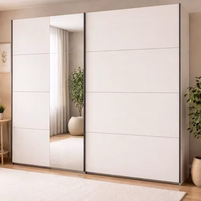 Armadio da camera da letto DMORA con ante scorrevoli e specchio, design moderno, L: 245 cm, H: 217,5 cm