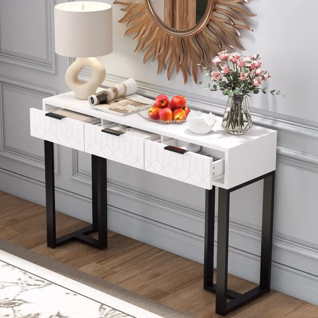 Consolle Mivray moderna con cassetti in MDF laccato bianco e nero e telaio in metallo dorato per ingresso, soggiorno o ufficio – 2