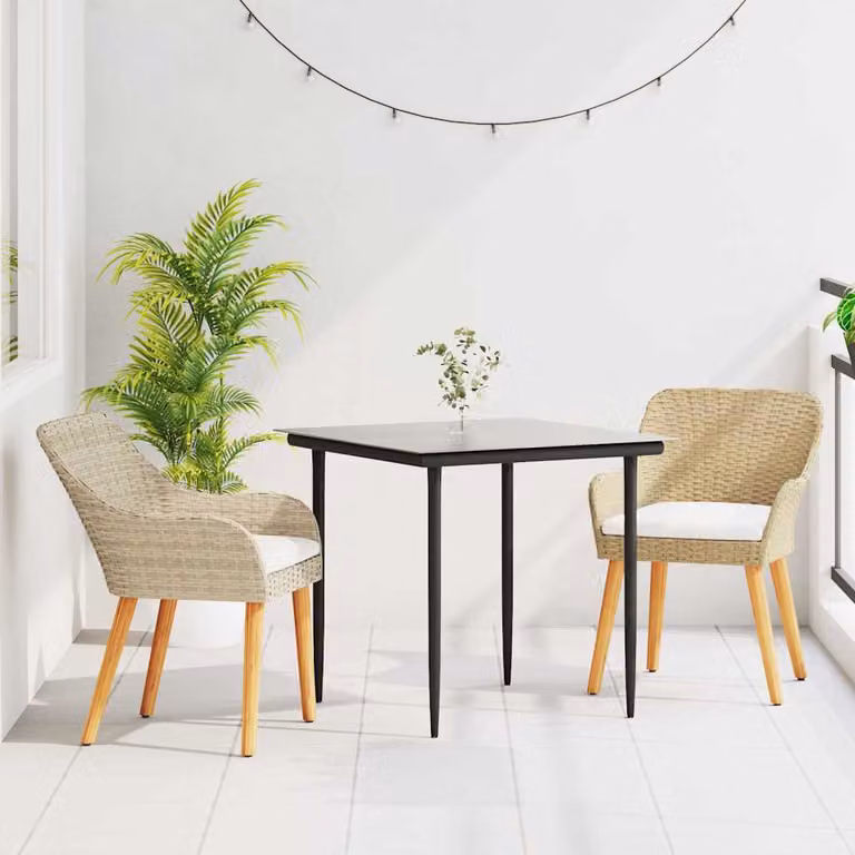 Set da Pranzo per Giardino e Terrazzo vidaXL in Polyrattan Beige con Piano in Vetro, 3 Pezzi