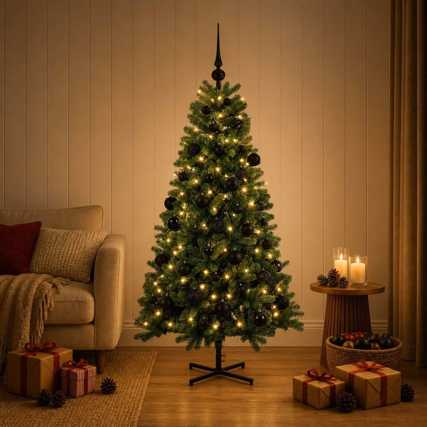 Albero di Natale artificiale con decorazioni a forma di sfera natalizia, altezza 120 cm, con 150 luci a LED