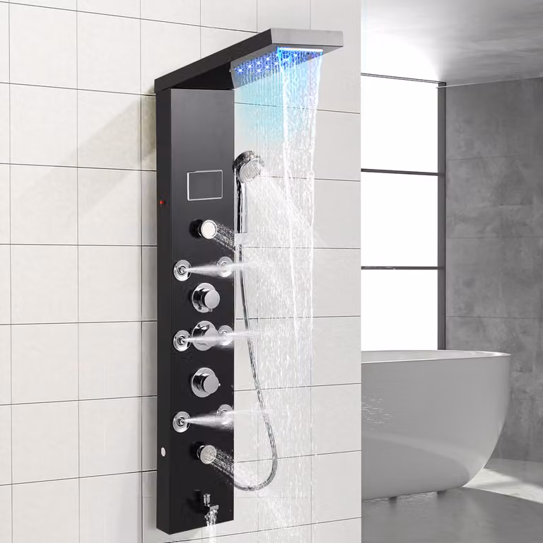 Pannello doccia Ikodm 6 in 1 con LED, getto a pioggia e funzione massaggio, nero