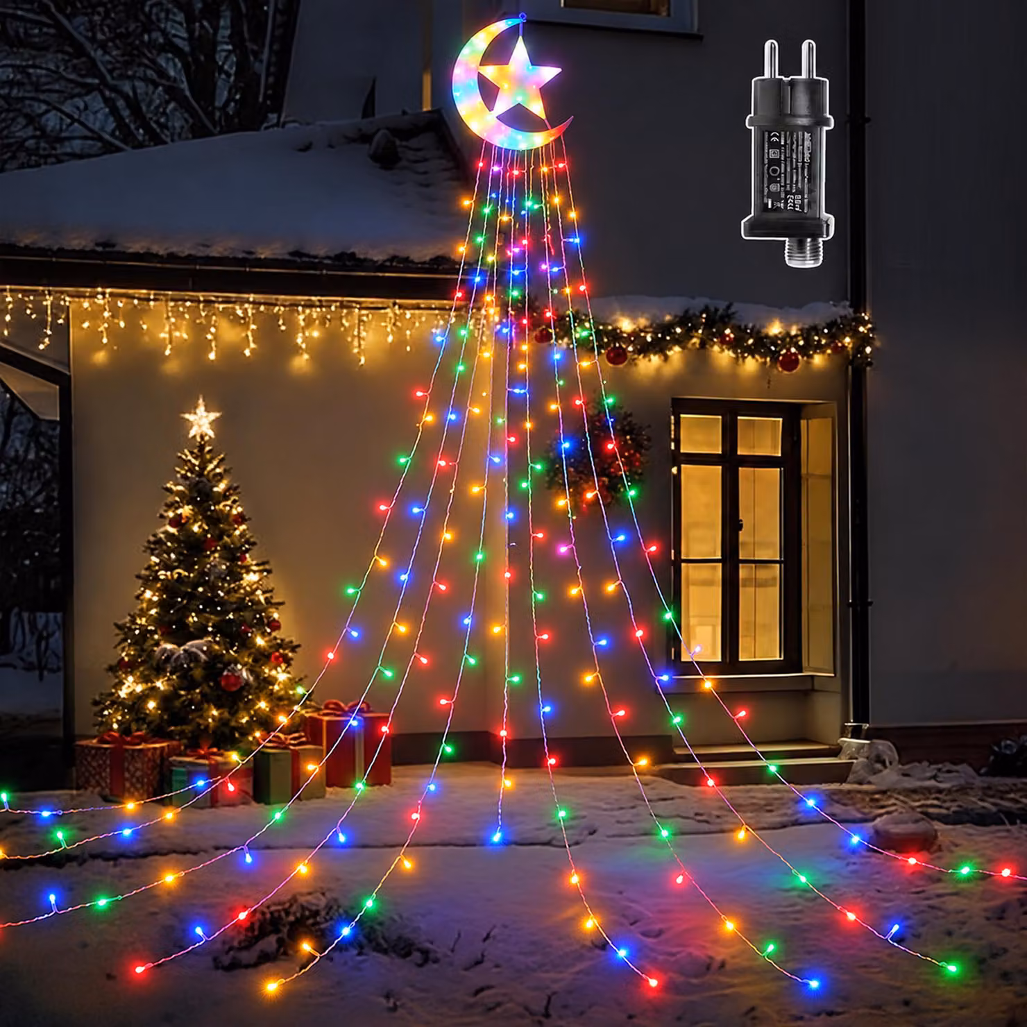 Albero di Natale LED, 3,47 metri, catena luminosa multicolore, 350 LED, effetto cascata, motivi a forma di luna e stella, 8 modalità, timer, ideale per decorazioni natalizie, feste in giardino