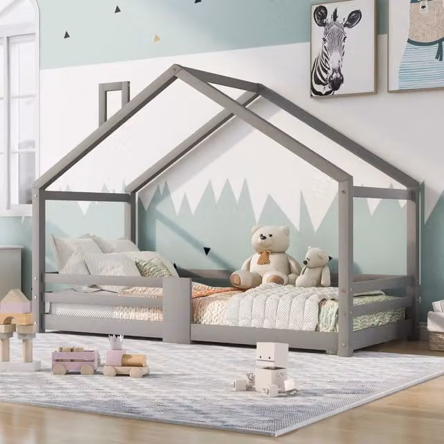 Letto a casetta per bambini KOMHTOM in legno massello di pino grigio con reti a doghe L/P/H: 209 x 90 x 142,5 cm