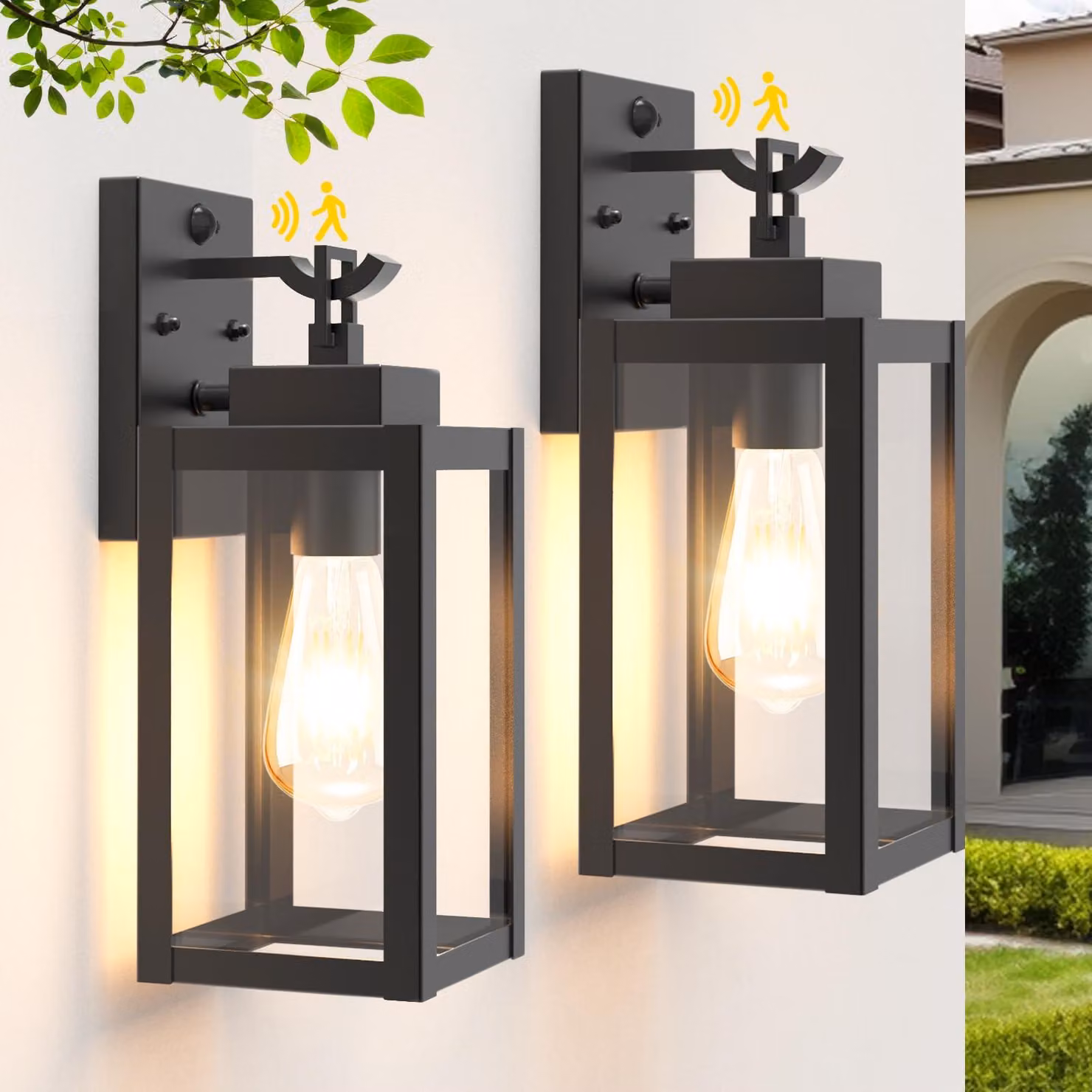 Set di 2 luci da esterno con sensore di movimento, attacco E27, colore antracite, grado di protezione IP44