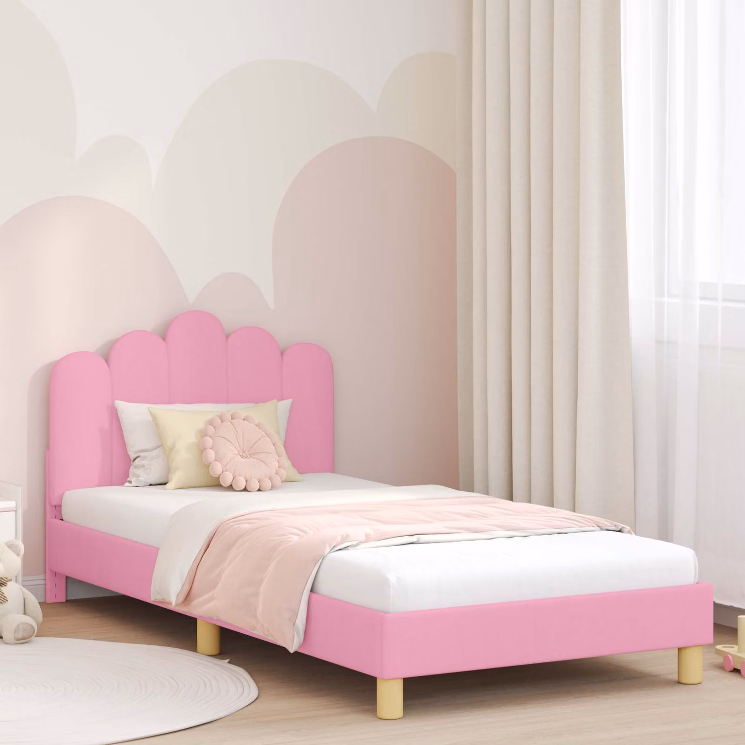 Struttura letto per bambini vidaXL con testata imbottita in tessuto rosa, L 90 x P 200 cm