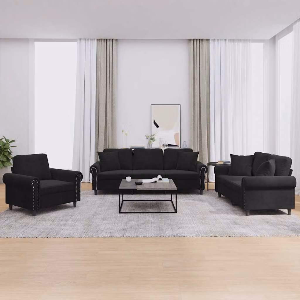 Set di divani 3 pezzi vidaXL in velluto nero con cuscini per soggiorno moderno – 1