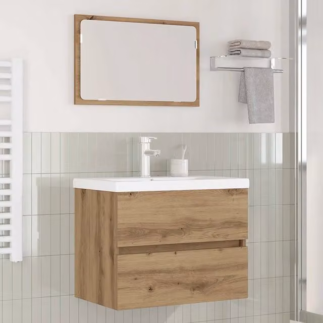 Set di mobili per il bagno vidaXL in legno color rovere marrone, design minimalista a parete, composto da 3 pezzi