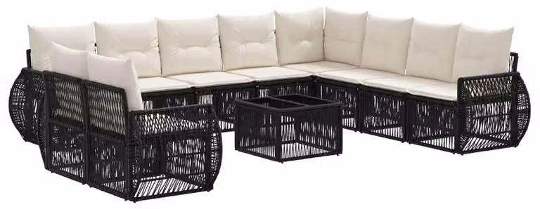 Set Divano da Giardino 11 pcs Nero e Bianco Crema polyrattan