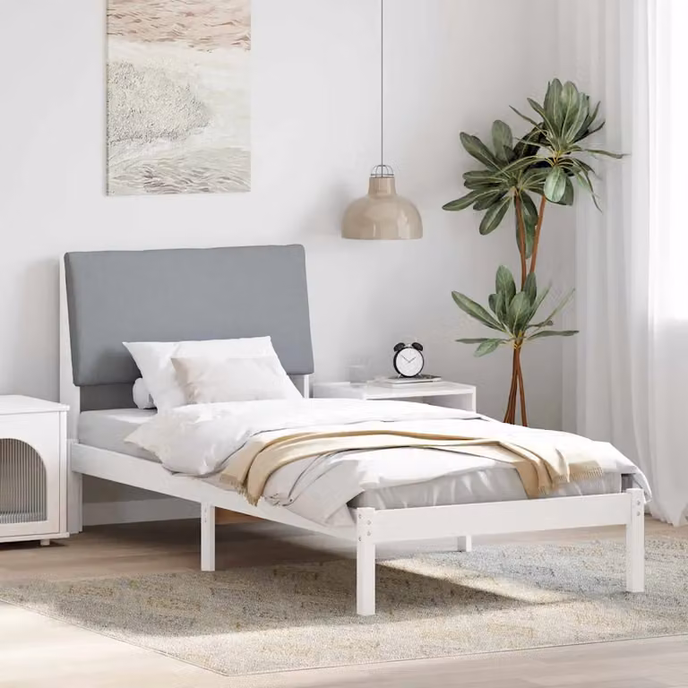 Struttura del letto moderna vidaXL in legno di pino e tessuto, bianco e grigio, 100 x 200 cm