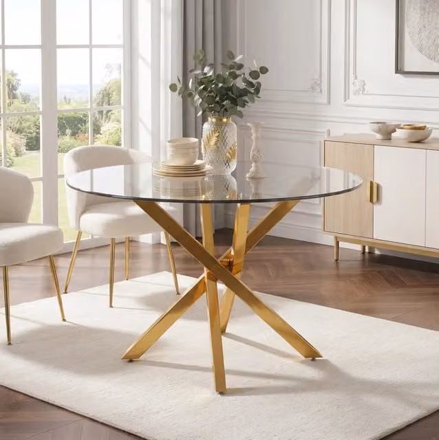 Tavolo da pranzo rotondo MODFU in vetro temperato trasparente con gambe in metallo dorate, design moderno, Diametro: 80 cm
