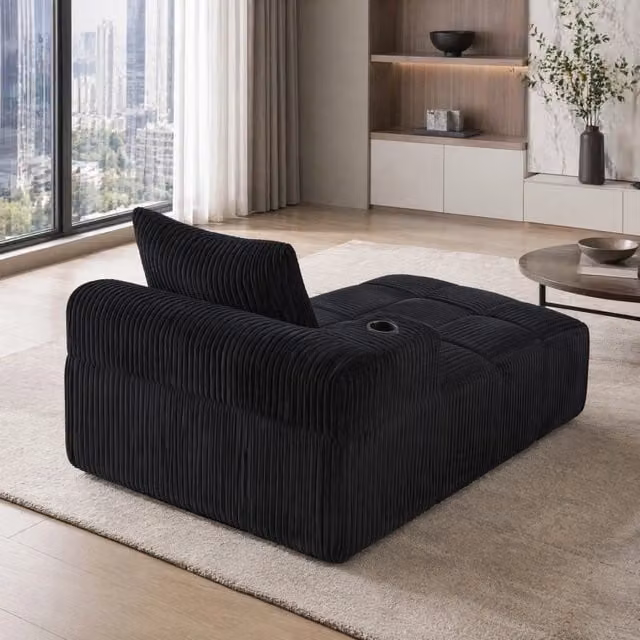 Divano compatto in velluto a coste nero con tasche laterali e portabicchieri; 158x93x61 cm
