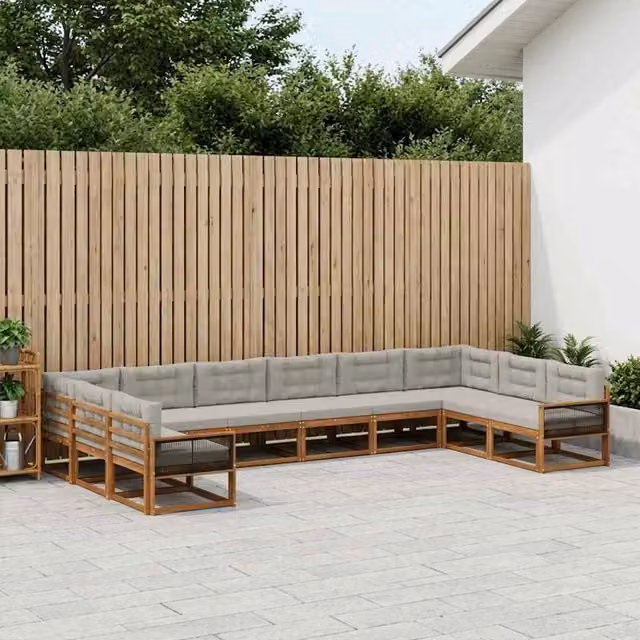 Set di divani da esterno a L vidaXL in legno di acacia con cuscini, beige e grigio – 1