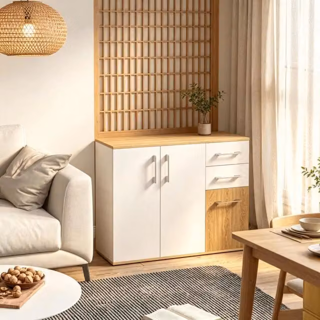 Credenza con 3 ante 2 cassetti e ripiano regolabile per soggiorno e cucina in truciolare bicolore 90 × 30 × 75,5 cm