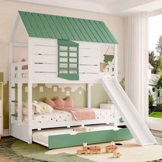 Letto a Castello con Scivolo e Letto Estraibile ¨C MINIMAL ¨C Bianco/Verde 90x200