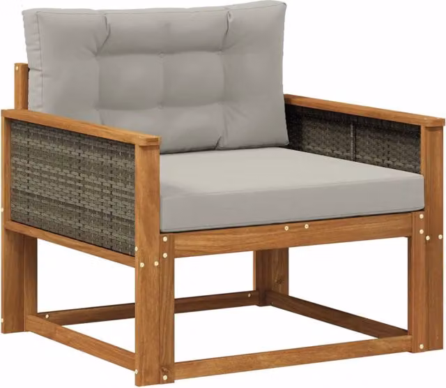 Divano centrale da esterno in legno di acacia con cuscini in poliestere resistente ai raggi UV, colore marrone e grigio, modello CFW3056122 – 1