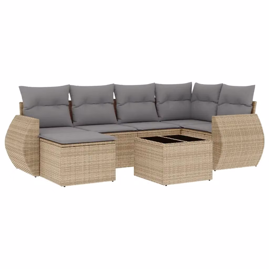 vidaXL Set Divani da Giardino 7 pz a Forma a L con Cuscini Beige e Grigio in Polyrattan e Tavolino da Esterno – 2