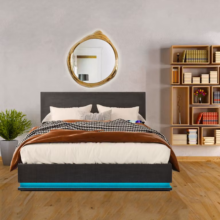 Letto imbottito AIORBER 180x200cm, con luce LED RGB e connessione USB, testata regolabile in altezza, letto matrimoniale con contenitore, con rete, grigio scuro