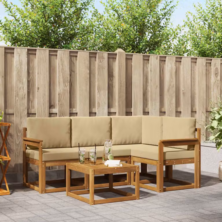 Set di divani da esterno vidaXL a forma di L in legno di acacia con cuscini, colore beige e marrone