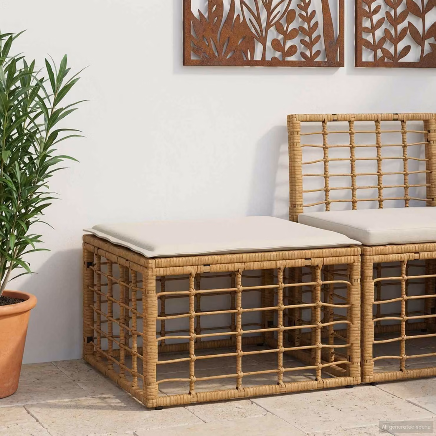 Poggiapiedi da giardino vidaXL in polyrattan color beige e marrone con cuscini inclusi L 55 x P 37 x H 37 cm
