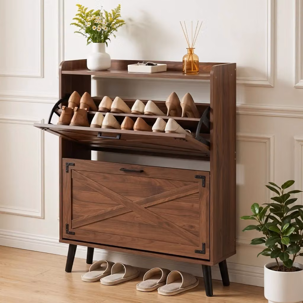 Scarpiera da parete DESIGN IN moderna con 2 scomparti a ribalta e ripiani interni in legno e metallo, colore marrone opaco – 2