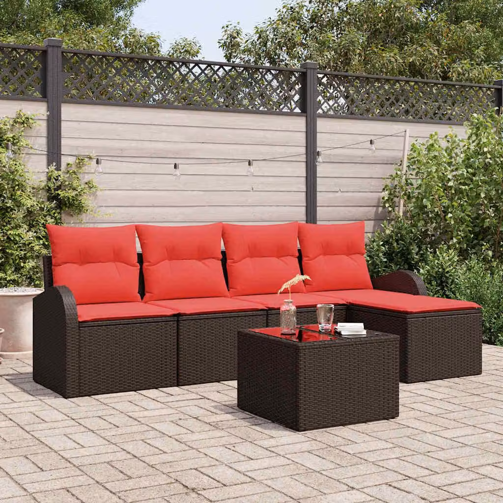Maison Exclusive - Set di divani da esterno, 6 pezzi, color marrone e rosso, in rattan sintetico