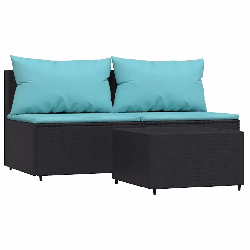 Set da giardino moderno vidaXL composto da divano a 2 posti e tavolino da caffè con cuscini in tessuto nero, blu o turchese con struttura in metallo e rattan – 2