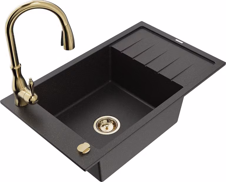 Mexen Elias lavello in granito a 1 vasca con scolapiatti e rubinetto cucina Savita, nero/oro metallico - 6511-75-672601-50