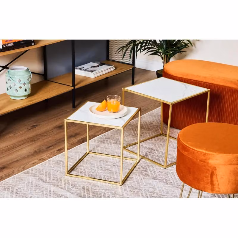 Set di 2 Tavolini Quadrati Messina Casa Collection Bianco Marmo ed Oro – 2
