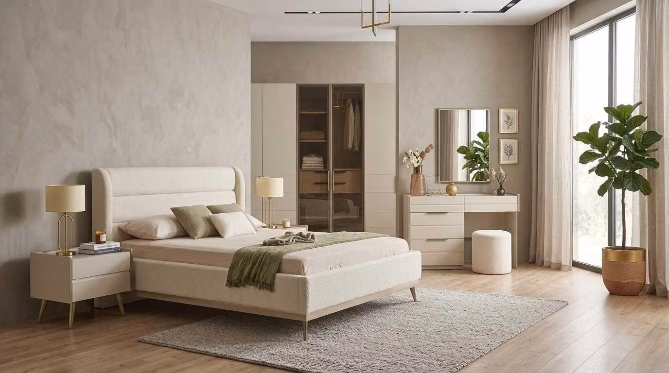 Set per camera da letto beige, moderno e composto da letto, comò da trucco e armadio