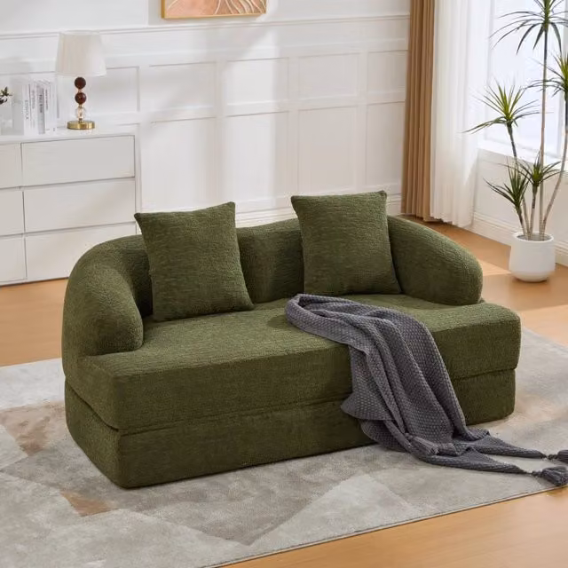 Divano letto pieghevole WISHDOR a 2 posti in tessuto verde con cuscini per schienale e funzione letto piatto