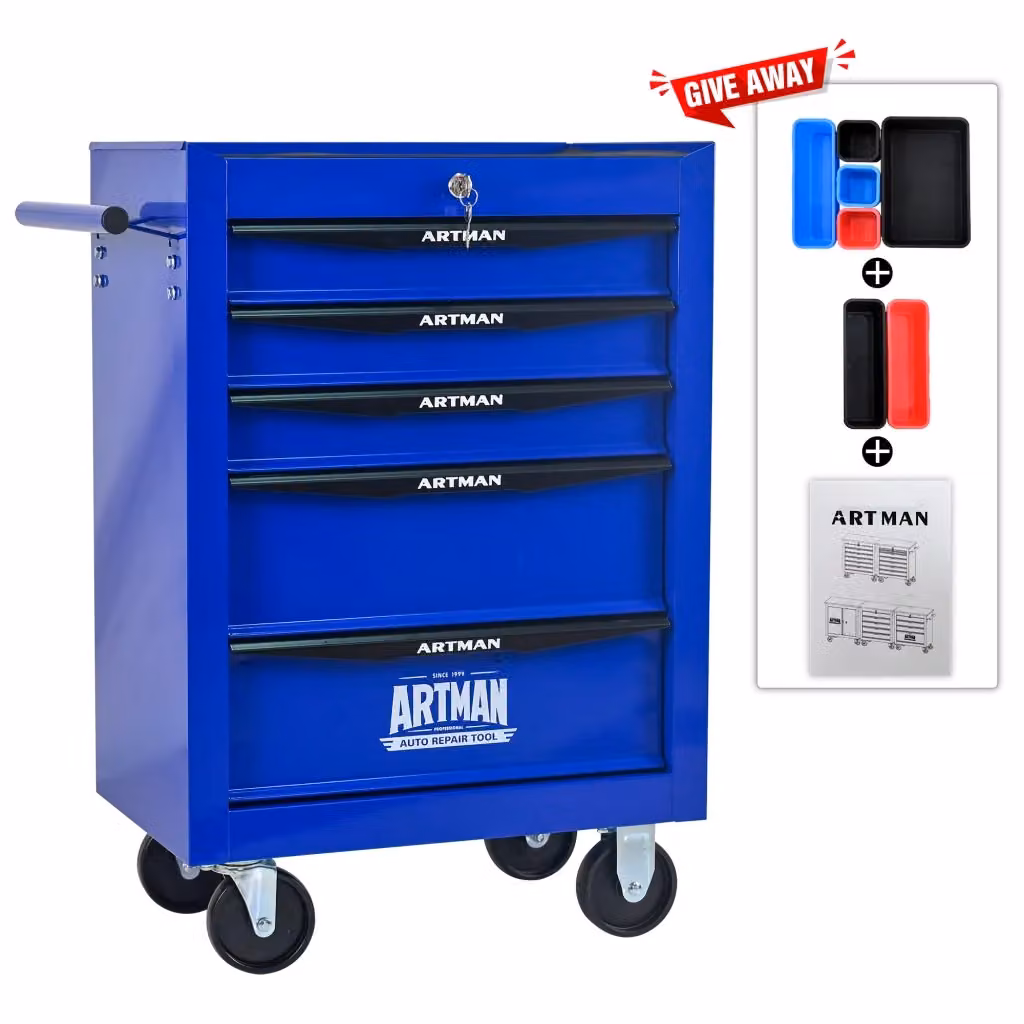 Carrello portautensili REDOM con 5 cassetti in acciaio, con ruote e chiusura di sicurezza, colore nero e blu, L/P/H: 72.8 x 39.0 x 59.2 cm – 2