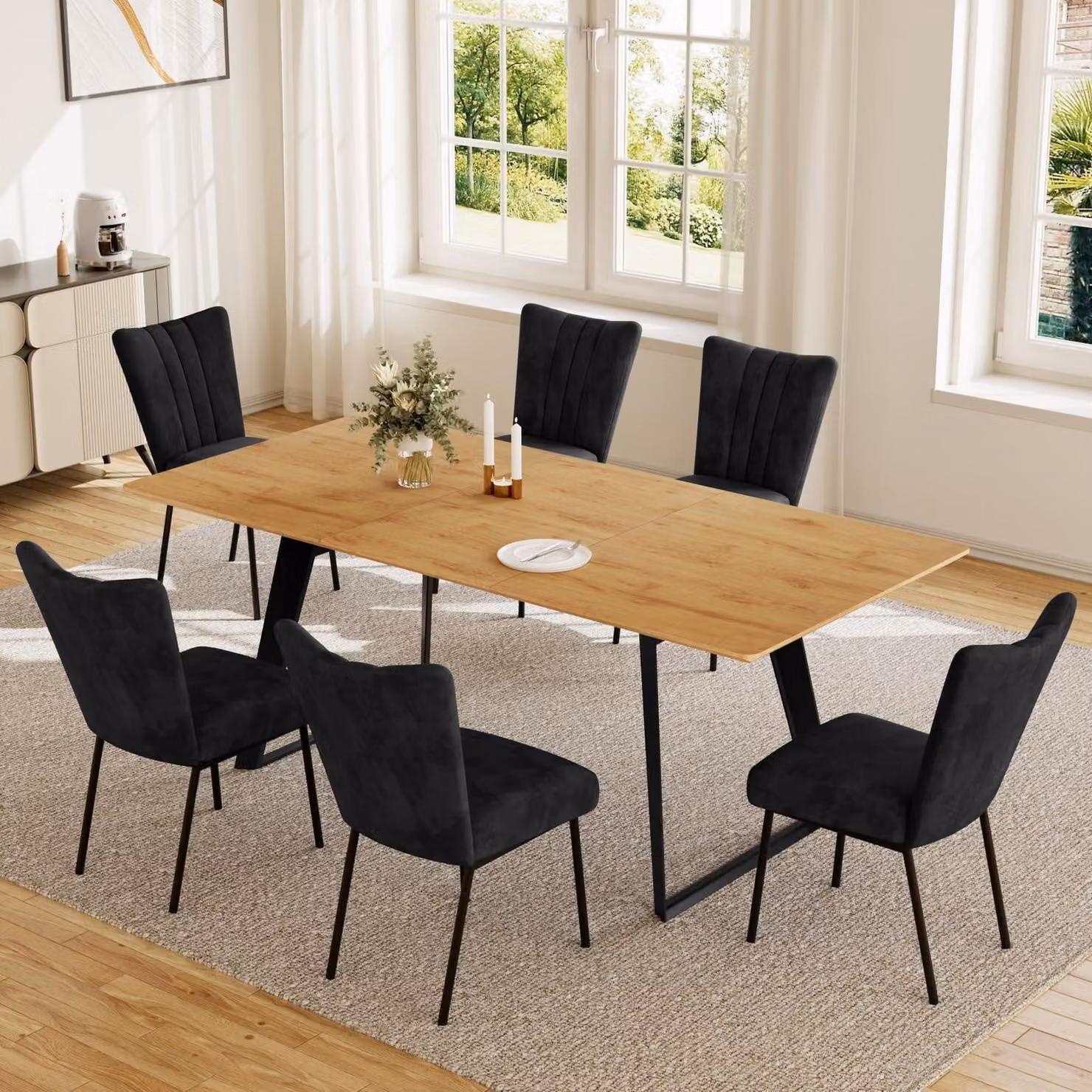 Set da pranzo con tavolo allungabile da 130-170 cm e 6 sedie, con finitura effetto legno MDF, struttura in metallo nero