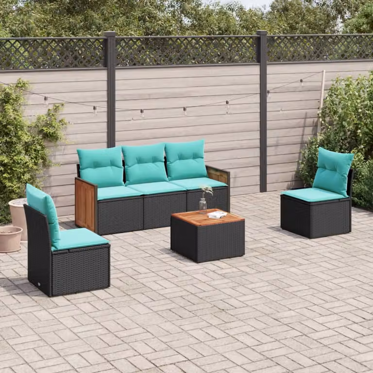 Set di divani da giardino vidaXL in polyrattan nero con cuscini blu e struttura in legno di acacia oliato, 6 pezzi