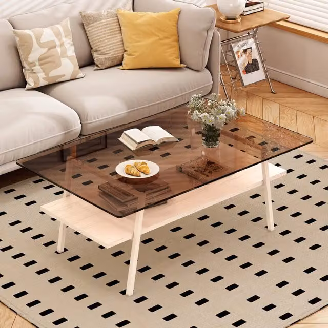Tavolino da Salotto Rettangolare in Vetro Temperato con Gambe in Metallo, Bianco e Marrone, 98x58x42,5 cm