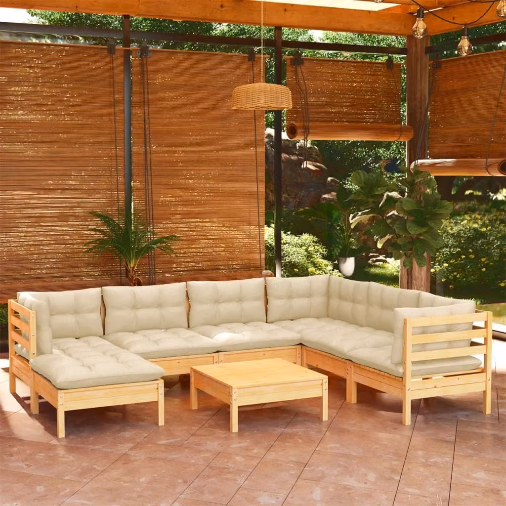 The Living Store Set da giardino da 8 pezzi con cuscini crema in legno di pino massiccio