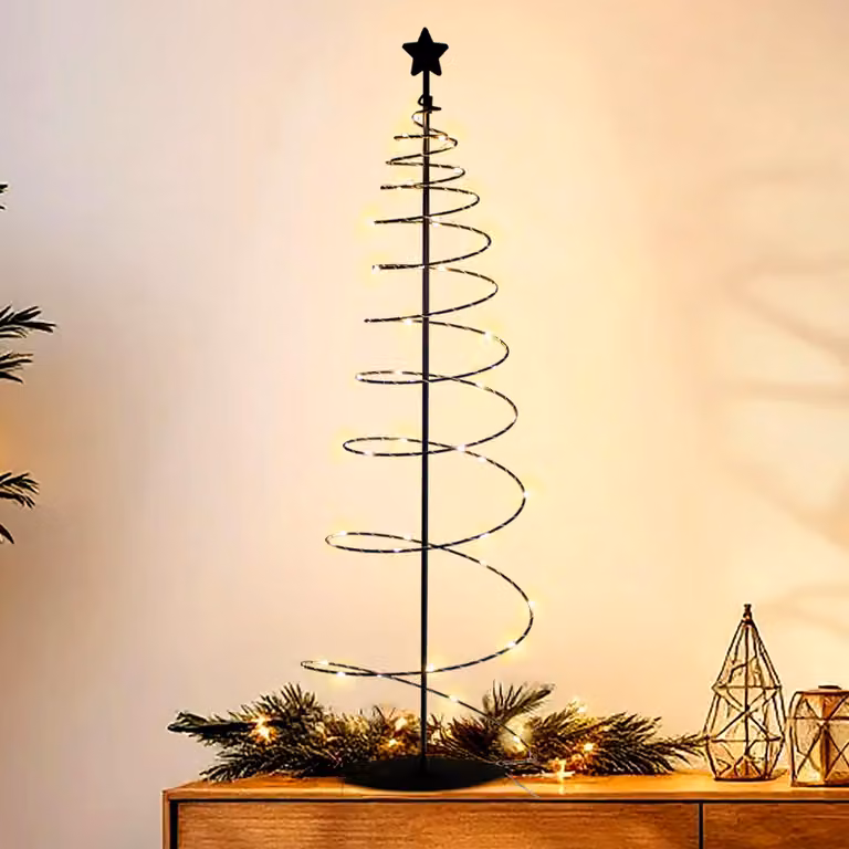 Albero di Natale a spirale con 47 LED metallici in nero con timer - 80 cm - Albero di Natale con cima a stella illuminato in bianco caldo a batteria