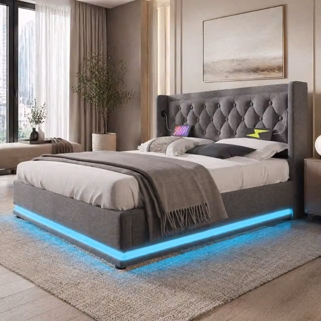 Letto matrimoniale contenitore 180x200 cm con LED e USB Type-C; grigio in cotone