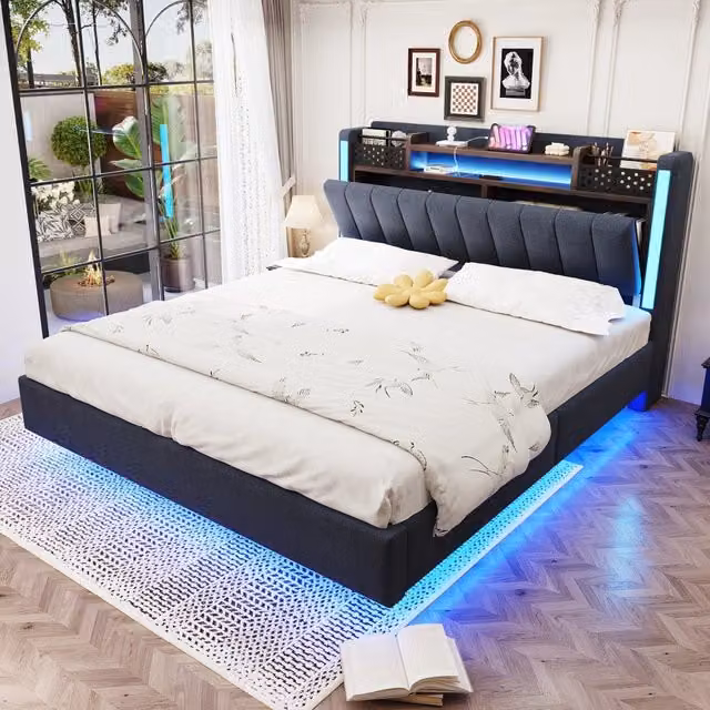 Letto imbottito moderno CIPACHO grigio con porta USB, mensola laterale e illuminazione sottostante L/P/H: 145.5 x 140 x 222 cm