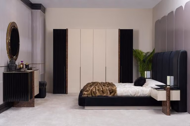 Set camera da letto estetico (letto + 2 comodini + armadio + cassettiera con specchio).