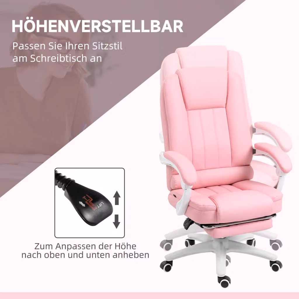 Sedia da ufficio girevole OKWISH in similpelle rosa con poggiapiedi e braccioli per casa e home office – 2