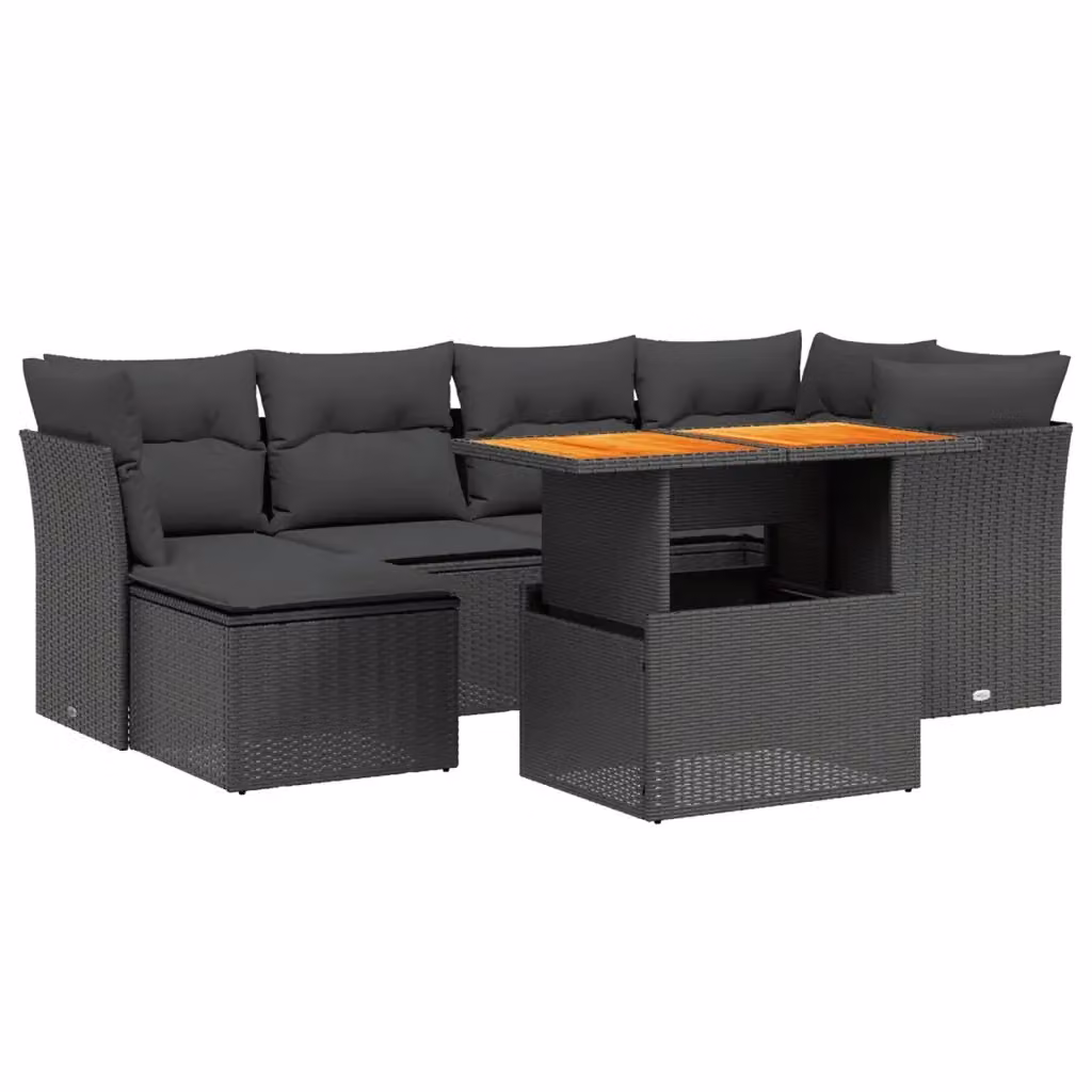vidaXL Set Divano da Giardino a L con Cuscini 7pz in Polyrattan Nero e Legno di Acacia – 2