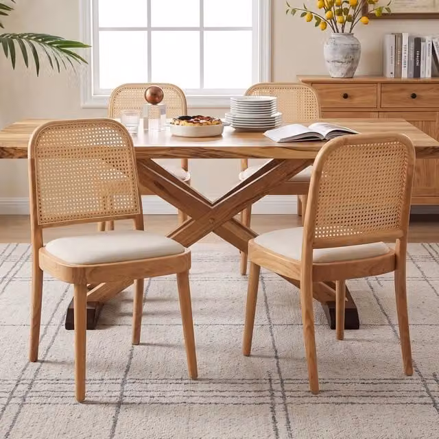 Desviae Set di 2 sedie da pranzo in legno con schienale in rattan e seduta imbottita in lino color legno
