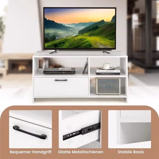 Cassa TV, console con cassetto e cassetti aperti, tavolo per TV fino a 50 pollici, cassa TV, tavolo per TV per soggiorno, 104,5 x 51,5 x 52 cm